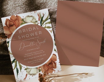 Boho Bridal Shower Invitation Template, Terracotta Floral Bridal Shower Invitation Printable, Rust Wedding Shower Invitation Digital