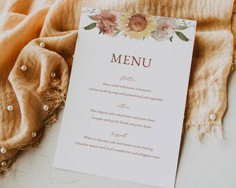 Cartões de menu de girassol, casamento de girassol boho, modelo de menu de casamento para impressão, menu de chá de bebê de girassol, menu floral, cartão de menu editável