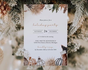 Modern Holiday Party Invitation Printable Boho Christmas Invitation Template Canva, Neutral Christmas Party Invitation Holiday Dinner Party