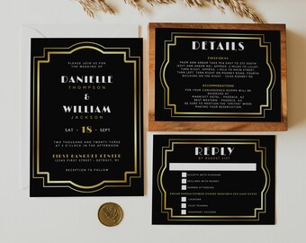 Printable Art Deco Wedding Invitation Suite, Gold Frame Wedding Invitation Template Retro, Editable Wedding Invitation Black and Gold