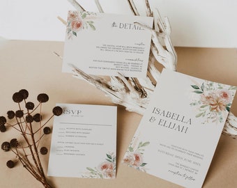 Neutral Wedding Invitation, Boho Wedding Invitation Suite Template, Floral Wedding Invite, Wedding Invitation and Rsvp Set, Details Card