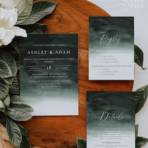 Dark Green Wedding Invitation Set with RSVP, Green Watercolor Wedding Invitation Suite Template, Editable Wedding Invitation Canva Template