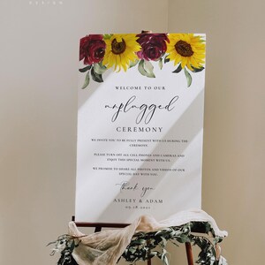 Letrero de ceremonia desenchufado, plantilla de letrero de boda con girasol, letrero de boda con girasol y rosa, sin fotos, letrero de bienvenida para boda