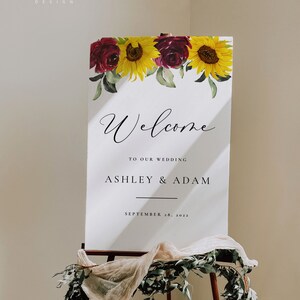 Sunflower Wedding Welcome Sign Template, Editable Sunflower and Roses Wedding Welcome Sign Printable, Welcome Sign Wedding Ceremony