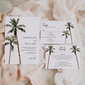Palm Tree Wedding Invitation Suite Template, Tropical Wedding Invitation Printable, Beach Wedding Invite Minimalist, Editable Wedding Invite