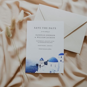 Watercolor Greece Save the Date, Santorini Wedding Save the Date Template, Destination Wedding Save the Dates, Editable Save the Date Card