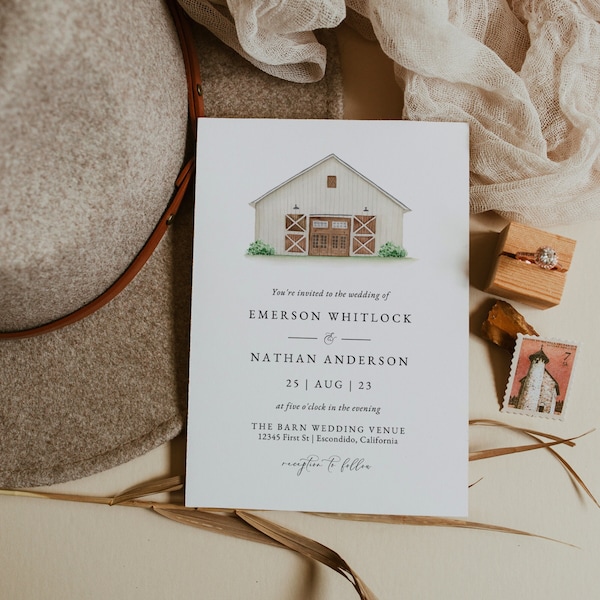 Rustic Barn Wedding Invitation Template, Farmhouse Wedding Invitation Printable, Rustic Wedding Invitation with Photo, Watercolor Barn