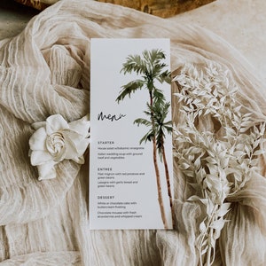 Palm Tree Wedding Menu Template, Tropical Wedding Menu Card, Tropical Beach Wedding Menu Printable, Editable Menu Cards for Wedding