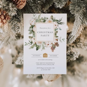 Greenery Holiday Invitation, Christmas Invitation Instant Download, Elegant Christmas Party Invitation, Printable Holiday Card, Pine Cone