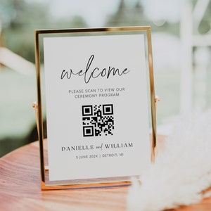 Hochzeitsprogramm QR-Code-Schild, Digitale Hochzeitsprogramm-Schildvorlage, Hochzeitsprogramm-Schild mit QR-Code, Minimalistisches Hochzeit-Willkommensschild