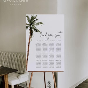 Palme Hochzeit Sitzplan Schild Vorlage, Sitzplan Sitzplan für die Tropische Hochzeit, bearbeitbarer Sitzplan druckbar, Strandhochzeit