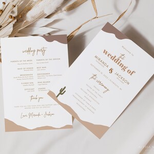May include: A wedding ceremony program with a desert-themed design. The program features the names Miranda & Jackson, the date September 18, 2022, and the location Plymouth, MI. The program also includes a list of the wedding party members.