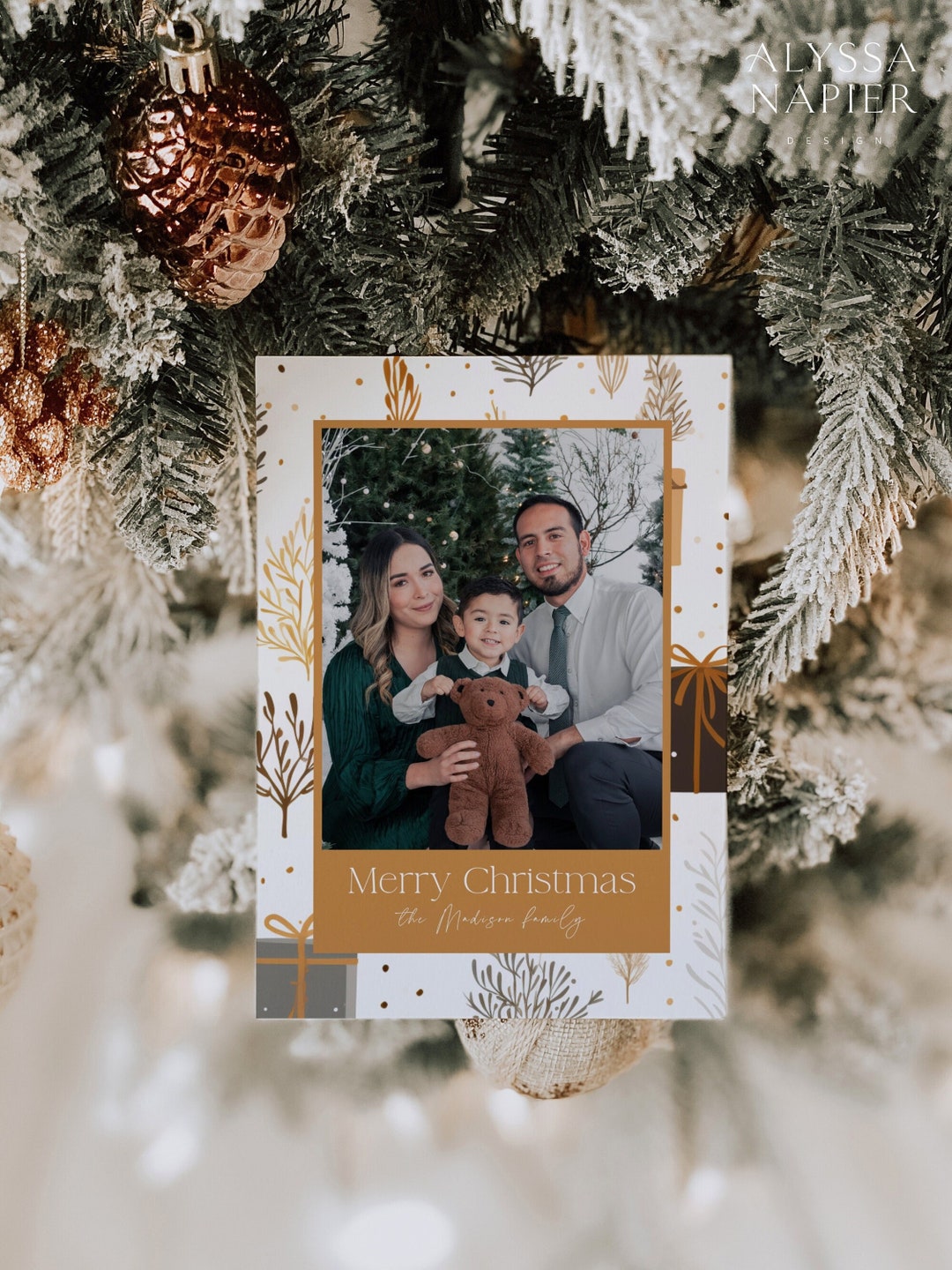 Gold Christmas Card Template Canva, Boho Holiday Card With Photo ...