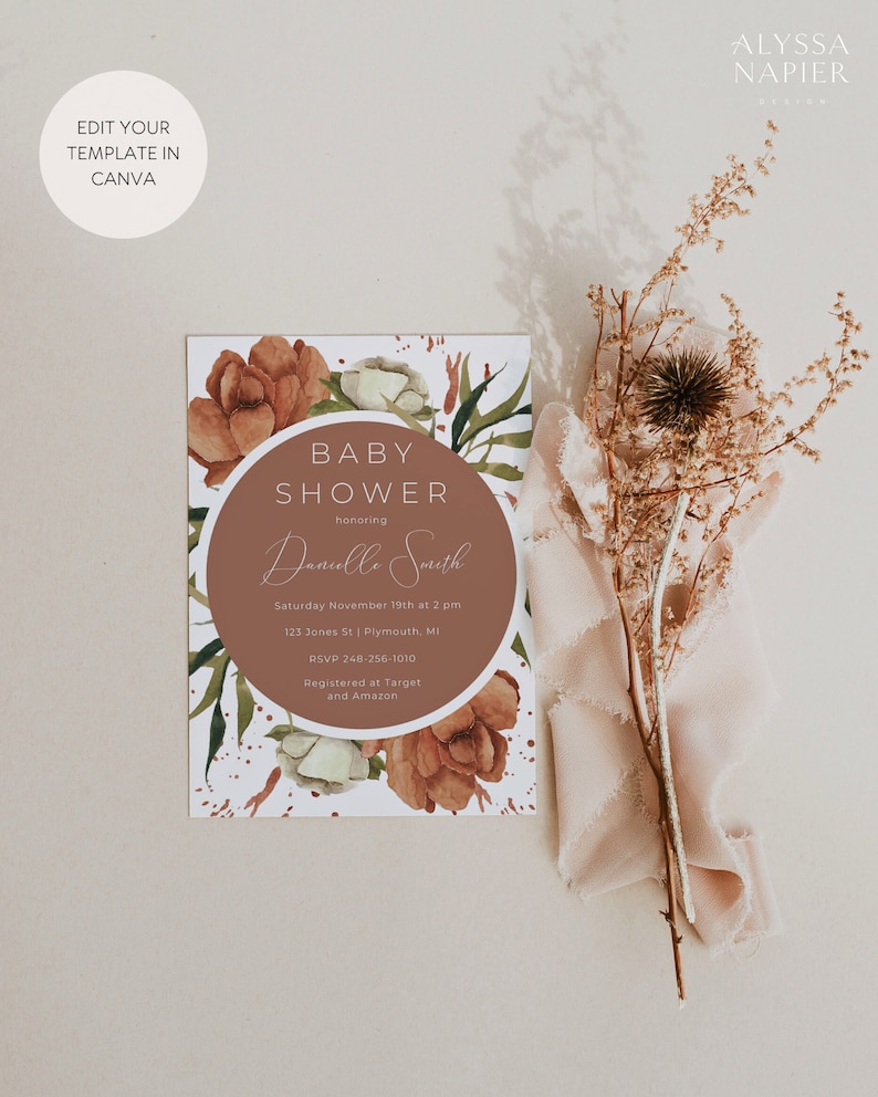 Boho Baby Shower Invite Bundle, Rust Orange Invitation Digital Download, Canva Baby Shower Invitation Template, Books for Baby image 2