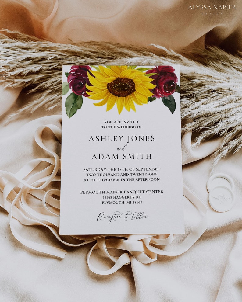 Sunflower and Roses Wedding Invitation Template Printable Etsy