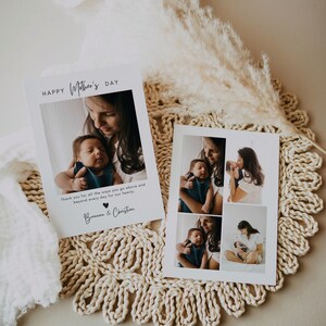 May include: Two white Mother's Day cards with photos of a mother and baby. One card reads "Happy Mother's Day" and includes a message from Brennan & Christian. The cards are on a beige woven placemat with decorative elements.