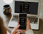 Printable Art Deco Wedding Invitation Suite, Gold Frame Wedding Invitation Template Retro, Editable Wedding Invitation Black and Gold