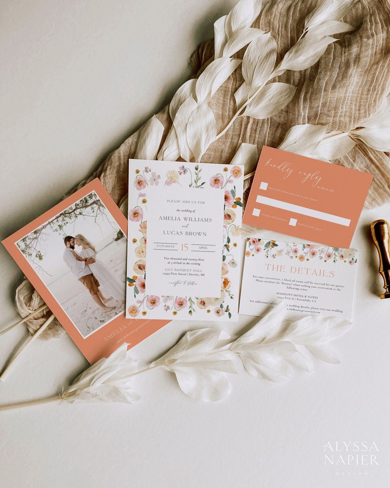 Spring Floral Wedding Invitation Suite, Peach Wedding Invite, Colorful Wedding Invitation Template, Wedding Invitation Set with Photo image 1