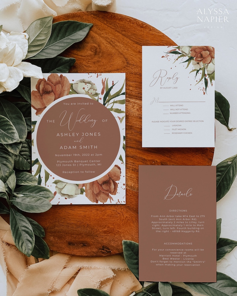 Terracotta Wedding Invitation Suite, Rust Wedding Invite Set, Desert Wedding Invitation with RSVP, Boho Floral Wedding Invite Printable image 4