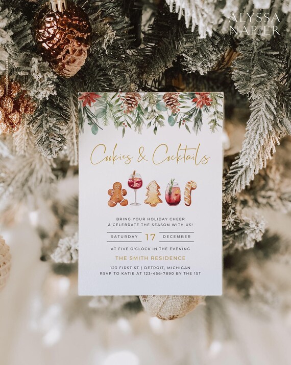 Cookies and Cocktails Invitations, Christmas Cookie Party Invitation, Holiday Cocktail Party Invitation, Adult Christmas Party Invitation