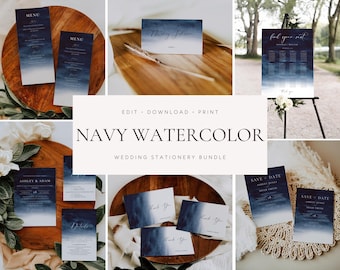 Navy Blue Watercolor Wedding Invitation Bundle Template, Printable Modern Wedding Invitation Suite, Editable Wedding Invite Download