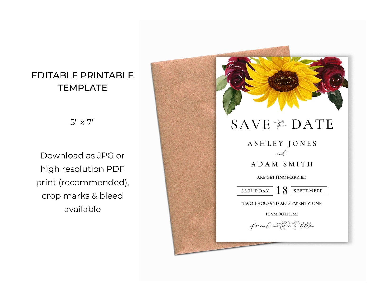 Sunflower and Roses Wedding Save the Date Printable Template | Etsy
