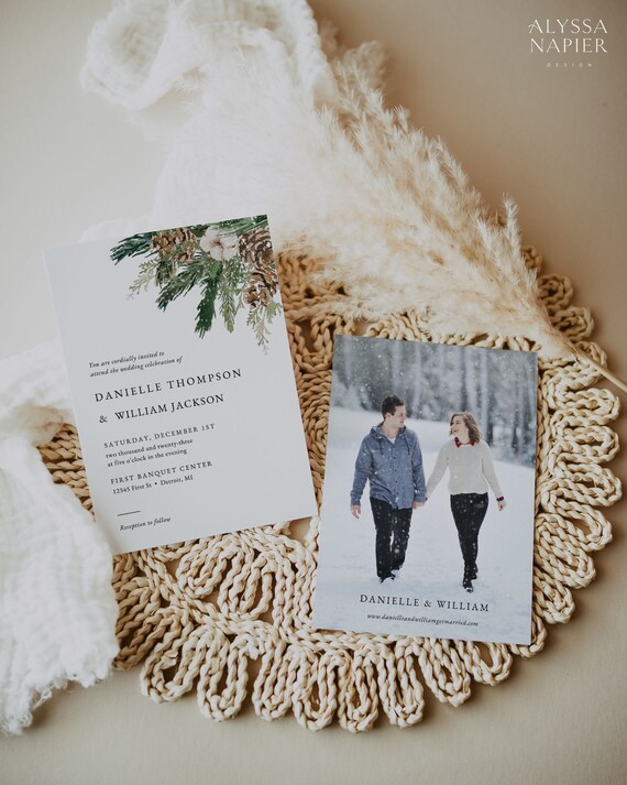 Rustic Christmas Wedding Invitation with Photo, Winter Wedding Invitation Template Download, Pine Cone Wedding Invitation Printable