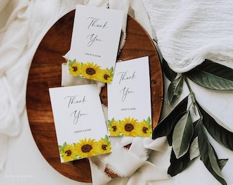 Sonnenblume Hochzeit Dankeskarte Vorlage, Sonnenblume Babyparty Dankeskarte Personalisierte, druckbare Dankeskarten Blumen Brautdusche