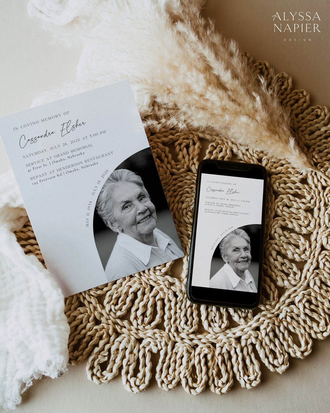Elegant Funeral Invitation Template Digital, Editable Memorial Template