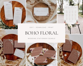 May include: A wedding stationery bundle featuring white and terracotta-colored cards with floral accents. The collection includes menus, place cards, a seating chart, invitations, RSVP cards, thank you notes, and save the date cards with text.