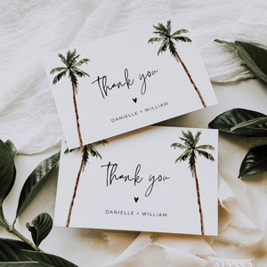 Palm Tree Thank You Cards, Tropical Thank You Card Template, Beach Wedding Thank You Card Printable, Editable Thank You Cards