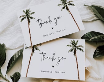 Tarjetas de agradecimiento de palmera, plantilla de tarjeta de agradecimiento tropical, tarjeta de agradecimiento de boda en la playa imprimible, tarjetas de agradecimiento editables