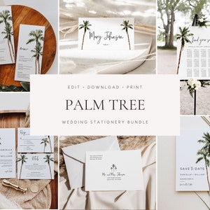 Palm Tree Wedding Invitation Template Bundle, Printable Tropical Wedding Invitation Set, Editable Beach Destination Wedding Invitation Suite