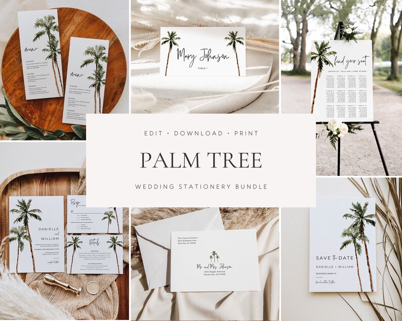 Palm Tree Wedding Invitation Template Bundle, Printable Tropical