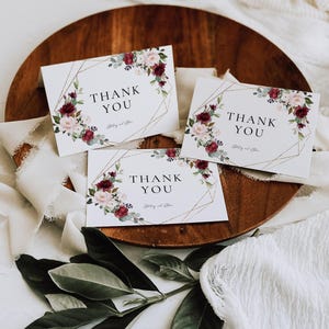 Gold Geometric Thank You Card Template, Burgundy and Blush Floral Thank You Card Baby Shower, Editable Thank You Card Wedding Printable