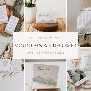 Mountain Wedding Invitation Watercolor, Spring Wedding Invitation Bundle, Wildflower Wedding Invitation Set, Large Wedding Bundle