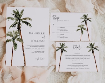 Op de afbeelding: Een trouwkaarten set met aquarel illustraties van palmbomen op wit karton. De set bevat een hoofduitnodiging voor Danielle en William, een RSVP-kaart en een detailkaart met routebeschrijving en informatie over accommodaties.