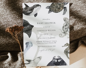 Ocean Baby Shower Invitation Template, Under the Sea Theme for Gender Neutral Baby Shower (Instant Download)