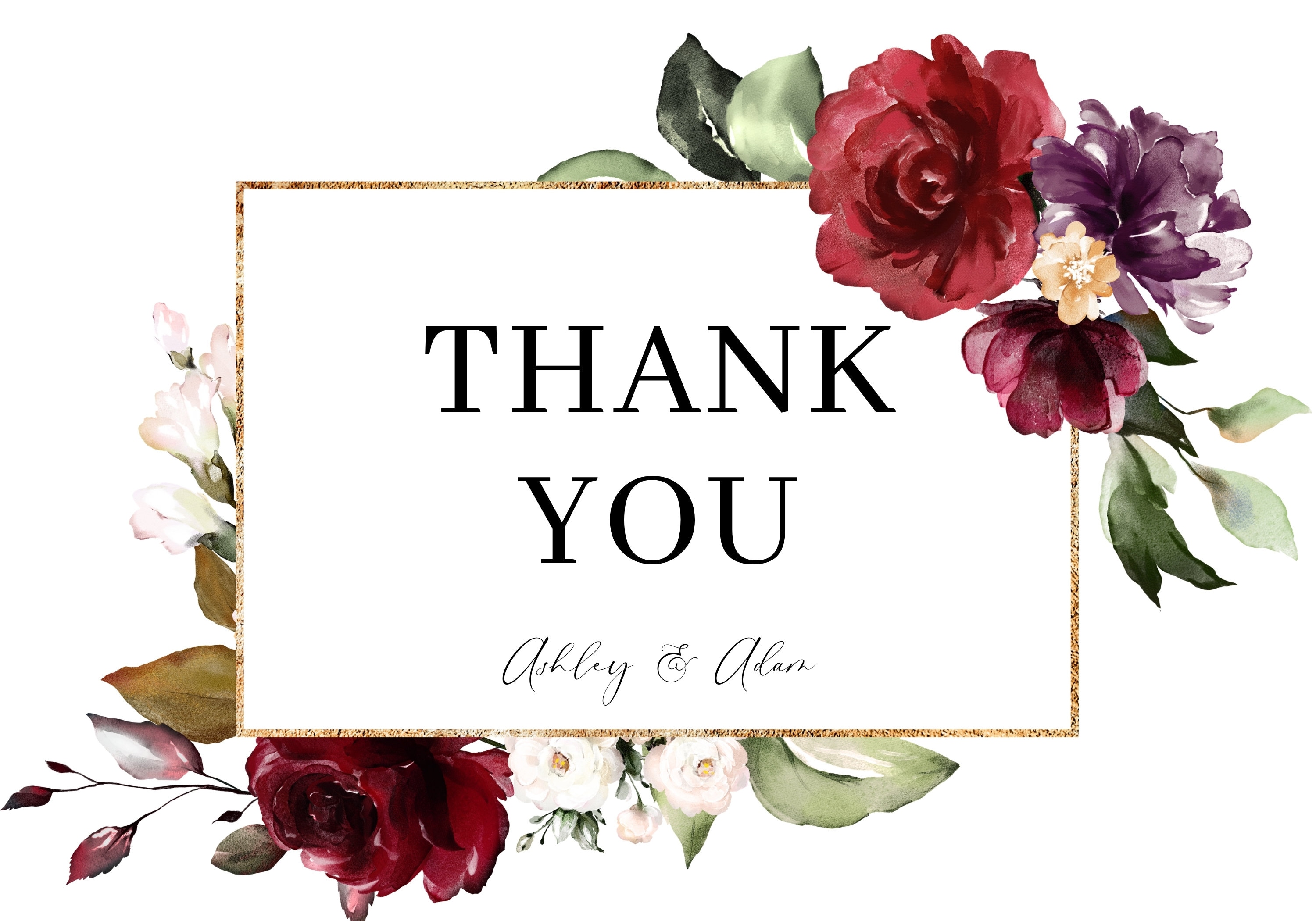 Burgundy and Gold Wedding Thank You Card Template Editable | Etsy