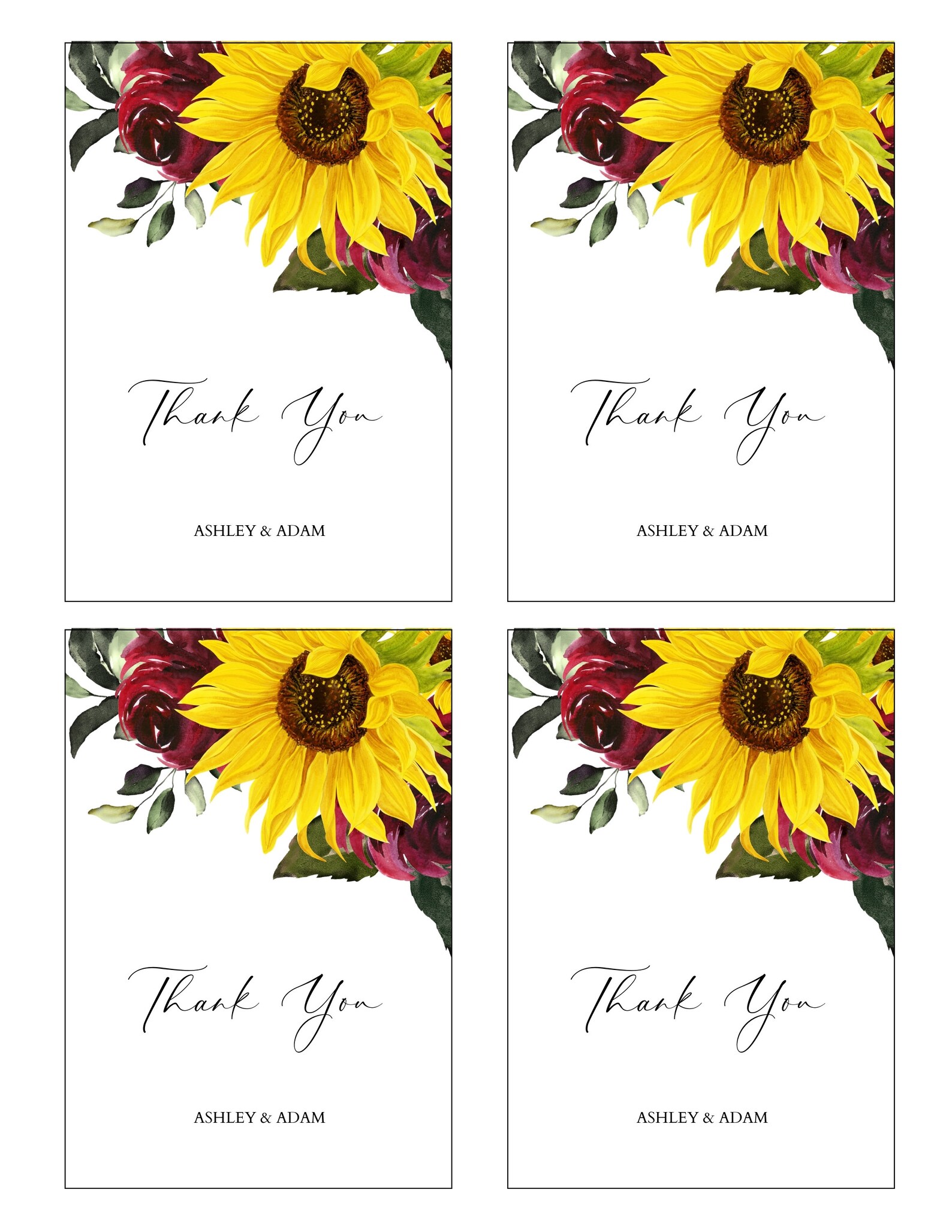 Sunflower Thank You Card Template Wedding Printable Thank You - Etsy