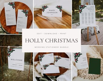 Paquete de invitaciones de boda navideñas, conjunto de invitaciones de boda de invierno, plantilla de invitación de boda editable, conjunto de invitaciones de boda imprimibles