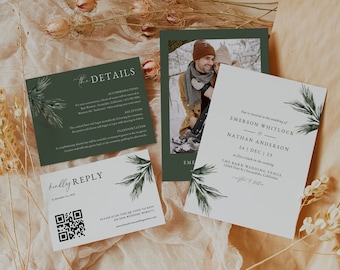 Evergreen Wedding Invitation Template, Simple Winter Wedding Stationary Suite, Christmas Wedding Invitation with Photo, Pine Wedding Invite