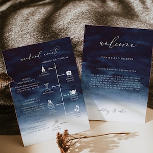 Navy Blue Welcome Itinerary Wedding, Blue Wedding Weekend Itinerary Template, Navy Wedding Timeline Card, Watercolor Wedding Welcome Card