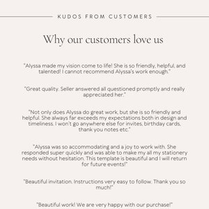 May include: A cream-colored graphic with the text "Kudos From Customers" and "Why our customers love us." Customer testimonials are included, praising the quality and service. The design features five stars and the letter "A".