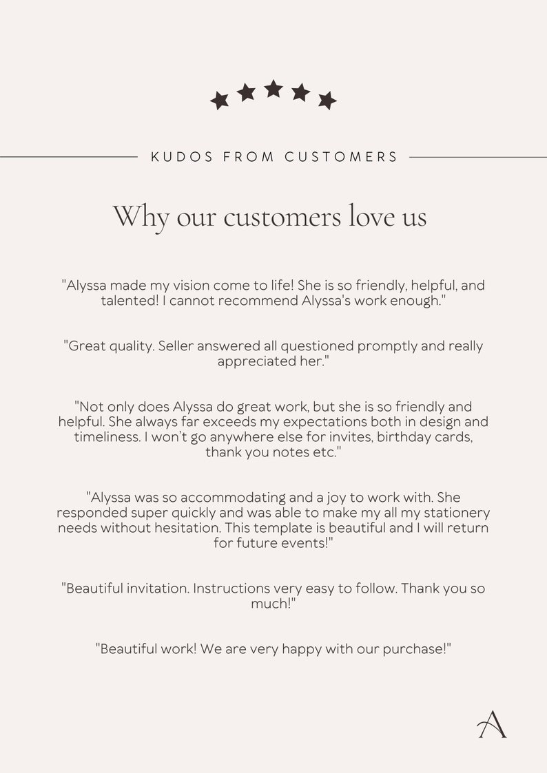 May include: A cream-colored graphic with the text "Kudos From Customers" and "Why our customers love us." Customer testimonials are included, praising the quality and service. The design features five stars and the letter "A".