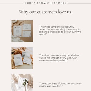 Puede incluir: Gr&aacute;fico beige claro con el texto "Kudos From Customers" y "Why our customers love us". La imagen muestra tres ejemplos de invitaciones de boda con testimonios de clientes.