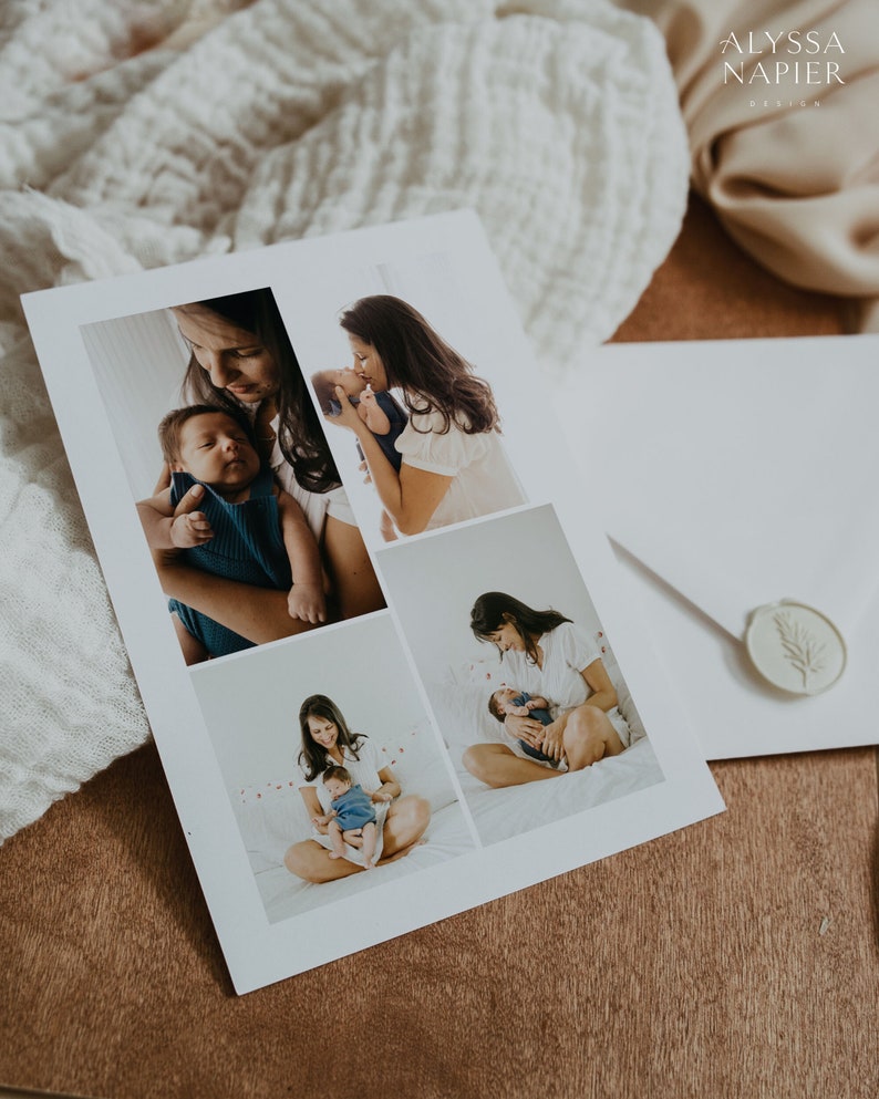 May include: A printed photo card featuring four images of a mother and baby. The card is white with a soft, matte finish. The images show the mother holding and interacting with the baby. The card is on a wooden surface.