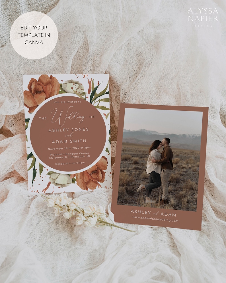 Terracotta Wedding Invitation Suite, Rust Wedding Invite Set, Desert Wedding Invitation with RSVP, Boho Floral Wedding Invite Printable image 3