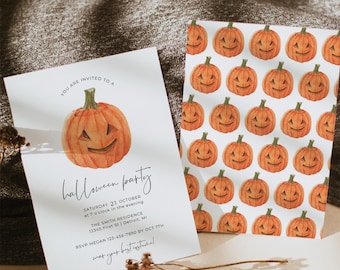 May include: A rectangular Halloween party invitation card featuring a watercolor jack-o'-lantern illustration and text including "You are invited to a halloween party" and "Saturday 21 October". A matching card with a repeating pumpkin pattern is included.