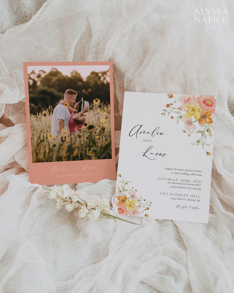 Watercolor Spring Wedding Invitation Template, Peach Floral Wedding Invite Digital Download, Colorful Invitation with Photo image 1